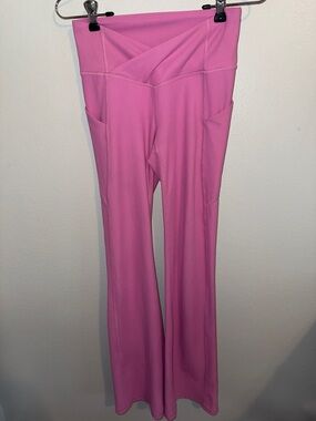 Fabletics Pink Ribbed High-Waist Flare Leg Pants with Side Pockets